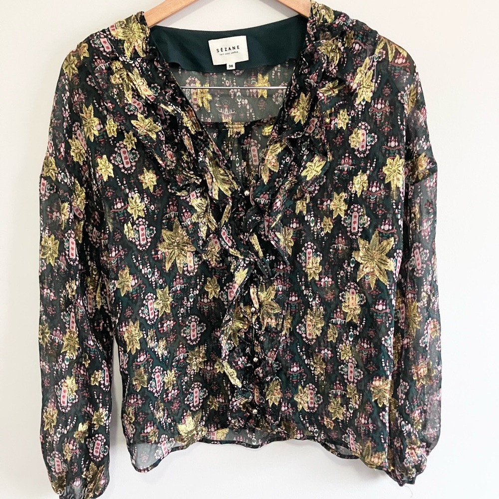 Sezane Erika Gold Patterned sheer ruffle Blouse size 36